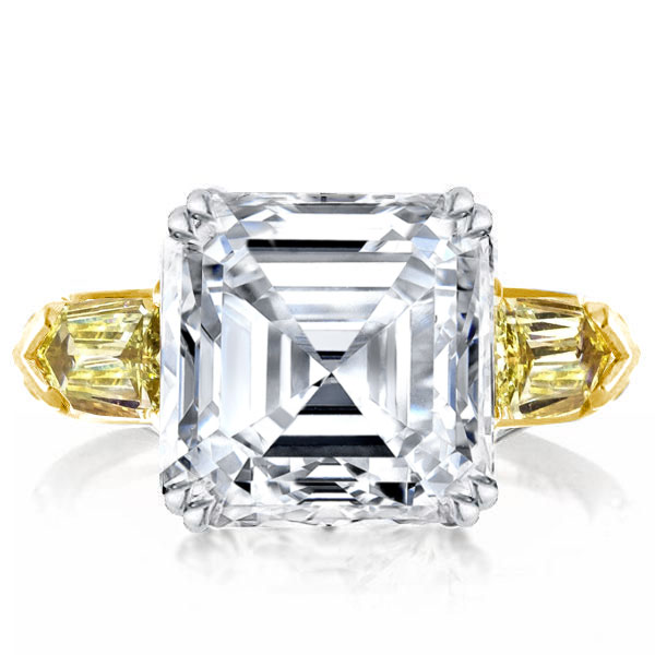 

Three Stone Asscher Cut White & Yellow Sapphire Engagement Ring