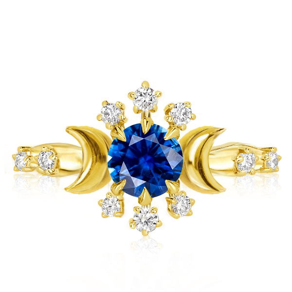 

Golden Moon & Stars Blue Sapphire Engagement Ring, White