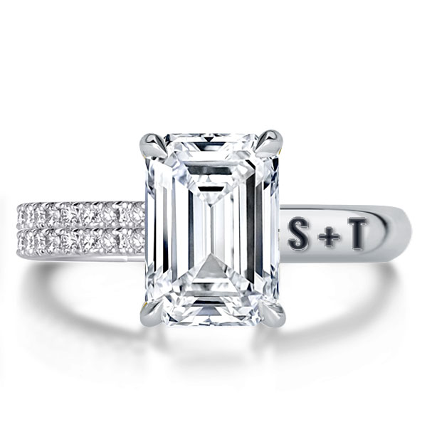 

Emerald Cut Engraved Engagement Ring, White