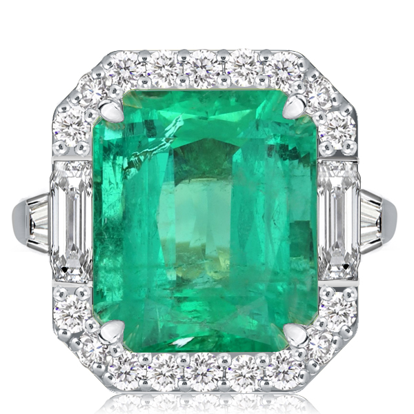 

Halo Three Stone Emerald Cut Emerald Green Engagement Ring, White