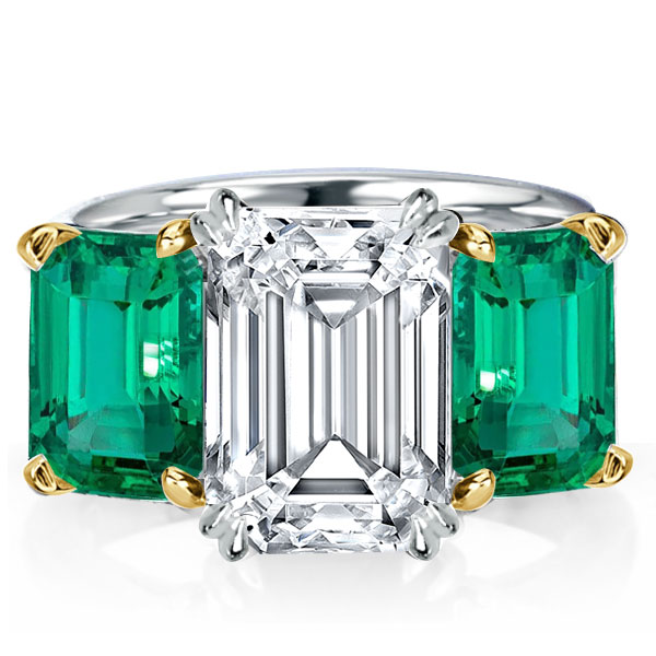 

Two Tone Three Stone Emerald Cut Engagement Ring For Women, White