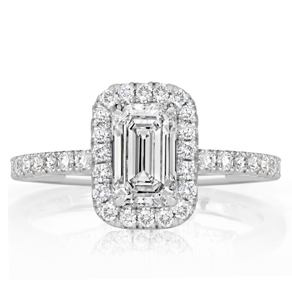 

Classic Halo Emerald Cut Engagement Ring In Sterling Silver, White
