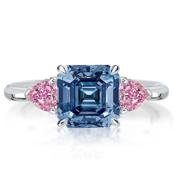 

Three Stone Asscher & Heart Cut Blue Topaz Engagement Ring, White
