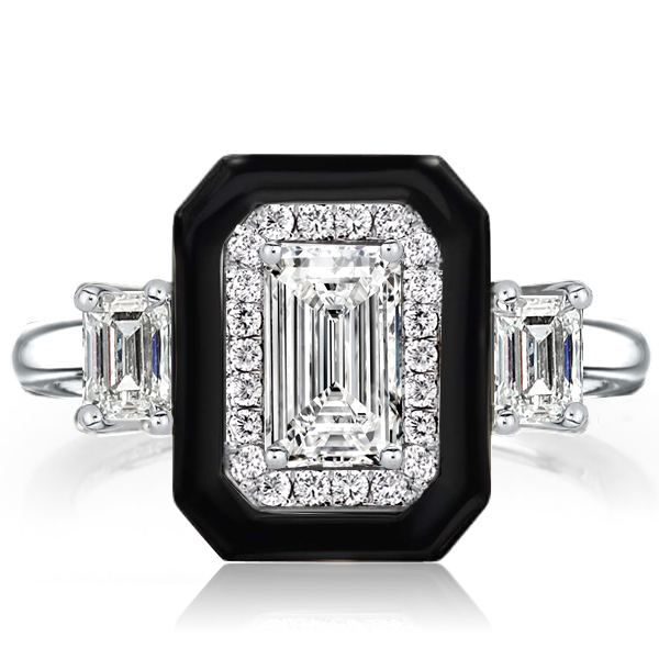 

Italo Black Ring Halo Three Stone Emerald Cut Engagement Ring, White
