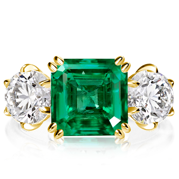 

Golden Three Stone Asscher Cut Emerald Engagement Ring, White