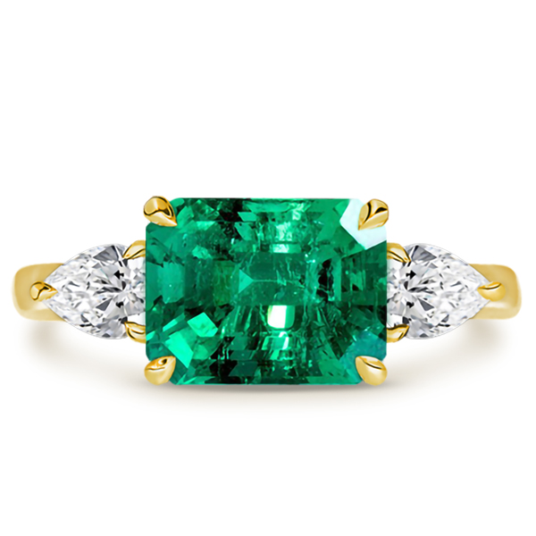 Three Stone East West Emerald & Pear Cut Emerald Engagement Ring, White