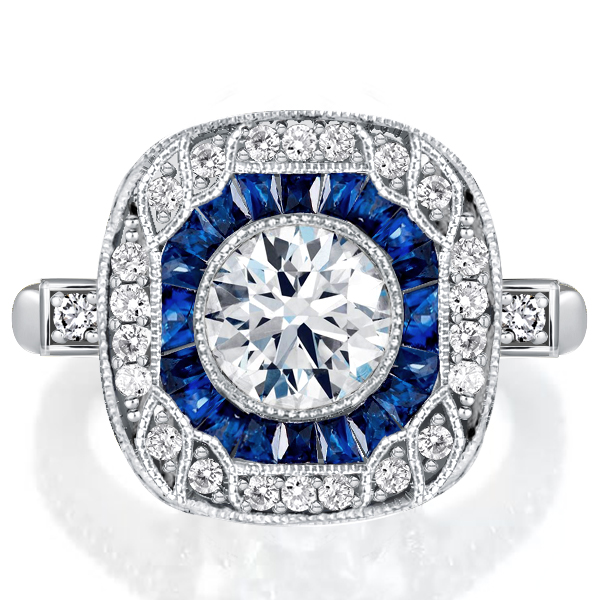 

Art Deco Milgrain Halo Engagement Ring Blue Sapphire Engagement Ring, White