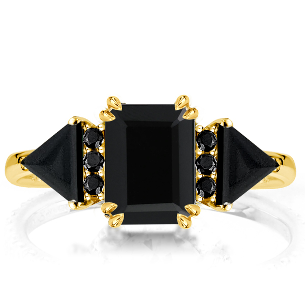 

Three Stone Black Ring Emerald Cut Engagement Ring, White