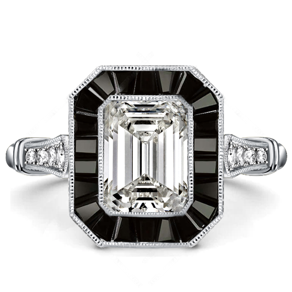 

Emerald Cut Black Engagement Ring Halo Vintage Engagement Ring, White