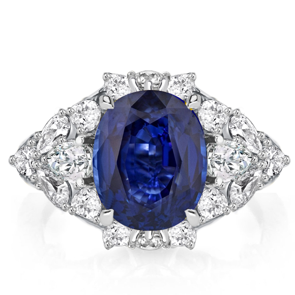Antique Oval Cut Created Blue Sapphire Engagement Ring, White