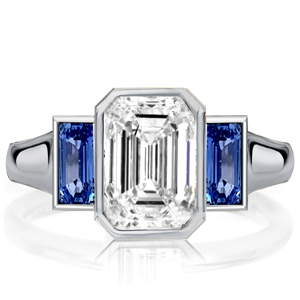 

Blue Sapphire 3 Stone Emerald Cut Engagement Ring, White