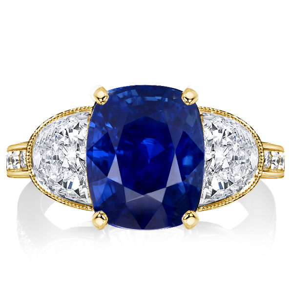 

Milgrain Three Stone Cushion Cut Blue Sapphire Engagement Ring, White