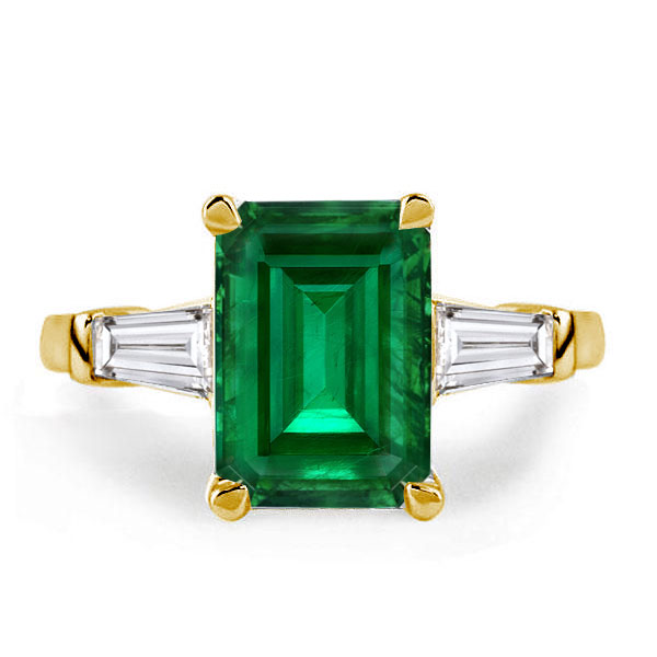 

Three Stone Emerald Cut Emerald Green Engagement Ring, White