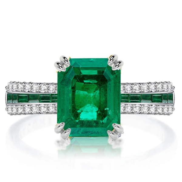 

Double Prong Unique Emerald Cut Emerald Green Engagement Ring, White