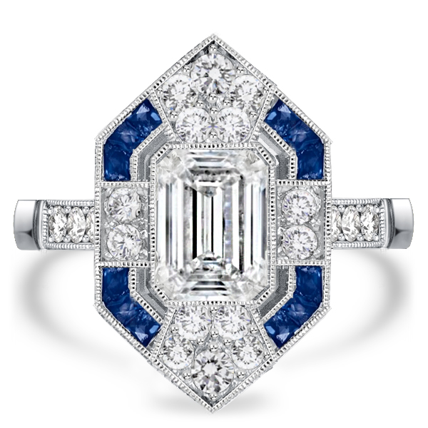 

Art Deco Milgrain Emerald Cut Engagement Ring, White