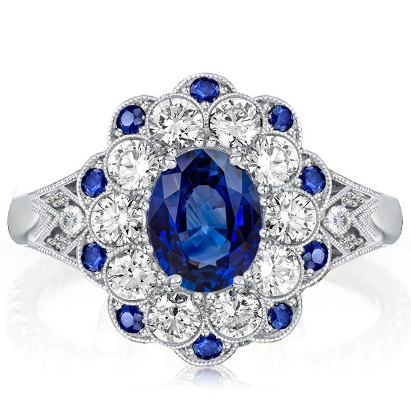 

Art Deco Milgrain Oval Cut Blue Sapphire Engagement Ring, White