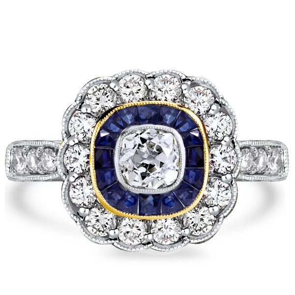 

Italo Art Deco Milgrain Halo Cushion Cut Engagement Ring, White