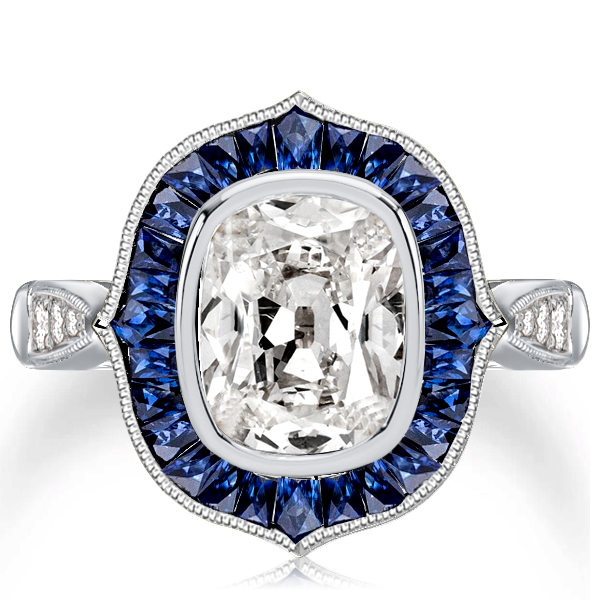 

Art Deco Halo Cushion Cut Created Blue Sapphire Engagement Ring, White