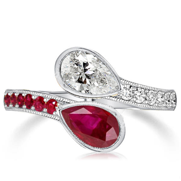 

Milgrain Pear Cut Twin Stone Ruby Engagement Ring, White