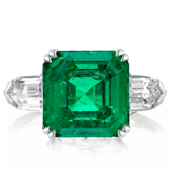

Three Stone Asscher Cut Emerald Green Engagement Ring, White