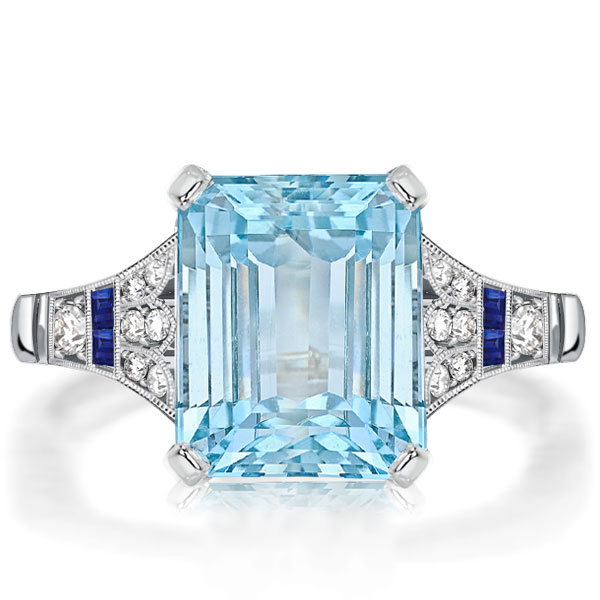 

Art Deco Milgrain Emerald Cut Aquamarine Engagement Ring, White