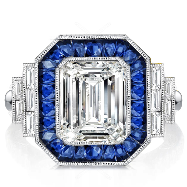 

Milgrain Halo Blue Sapphire Emerald Cut Engagement Ring, White