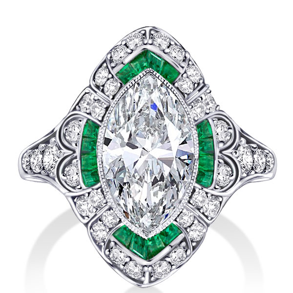 

Art Deco Marquise Cut Milgrain Halo Engagement Ring, White