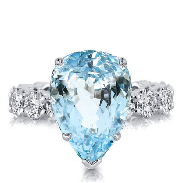 Aquamarine Pear Cut Unique Engagement Ring Promise Ring, White