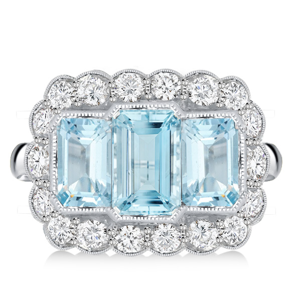 

Halo Three Stone Emerald Aquamarine Engagement Ring For Women, White