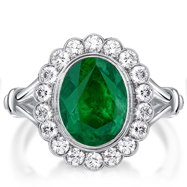 

Italo Halo Milgrain Oval Cut Emerald Engagement Ring For Women, White