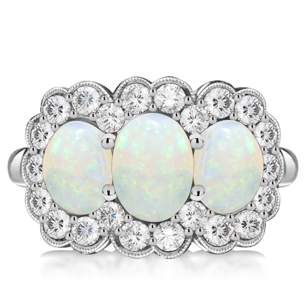 

Italo Halo Opal Ring Three Stone Engagement Ring Art Deco Ring, White