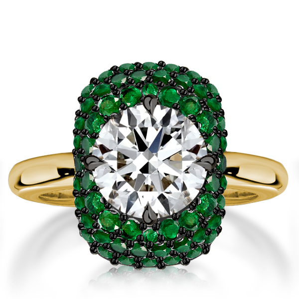 

White & Emerald Round Black Two Tone Mosaic Ring Engagement Ring