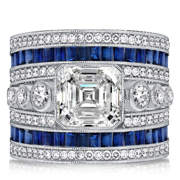 

Italo Asscher Cut Blue Sapphire Art Deco Ring Cocktail Ring, White