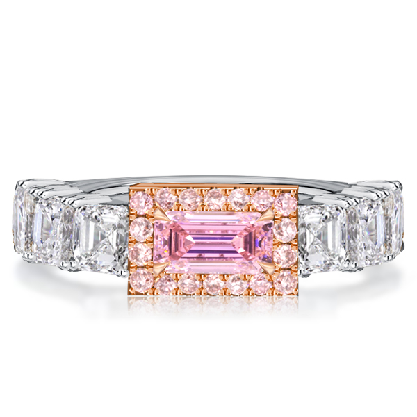 

Italo Halo Baguette Cut Pink Ring 2 Tone Half Eternity Ring, White