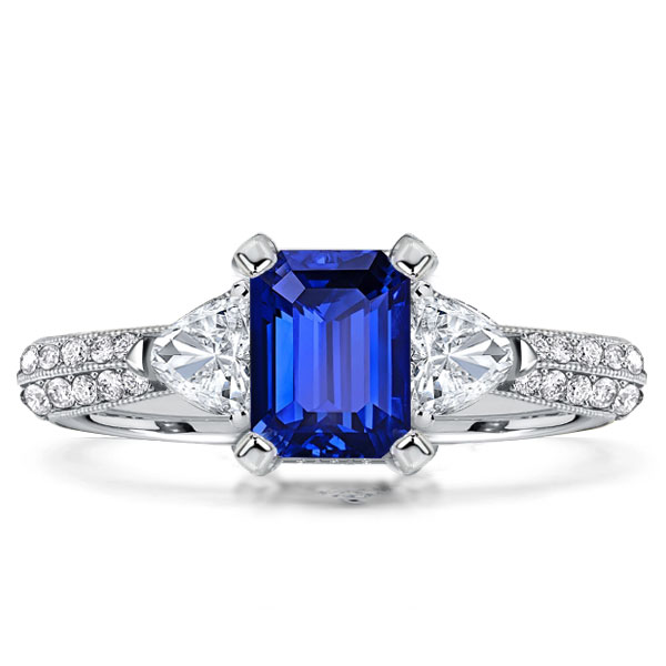 

Italo Blue Sapphire Emerald Cut 3 stone engagement Ring Unique, White