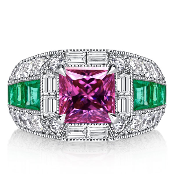 

Italo Pink Stone Ring Pink Sapphire Emerald Large Cocktail Ring, White