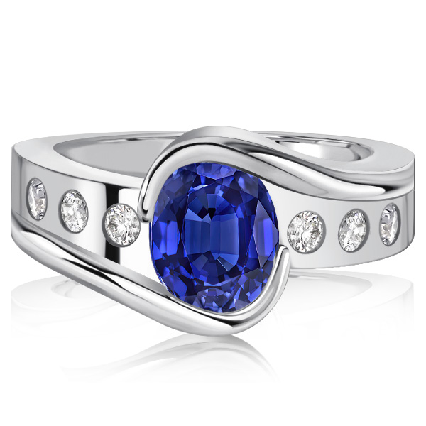 

Italo Half-bezel Blue Sapphire Oval Cut Wedding Rings, White