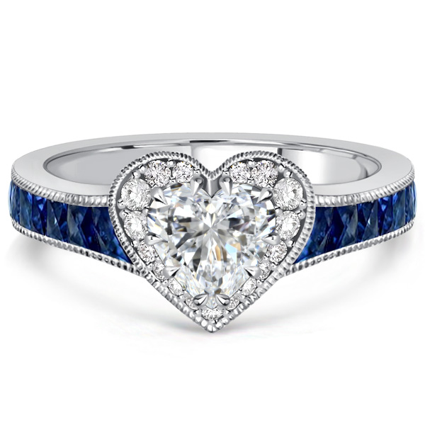 

Italo Blue Sapphire Heart Cut Halo Wedding Rings For Women, White