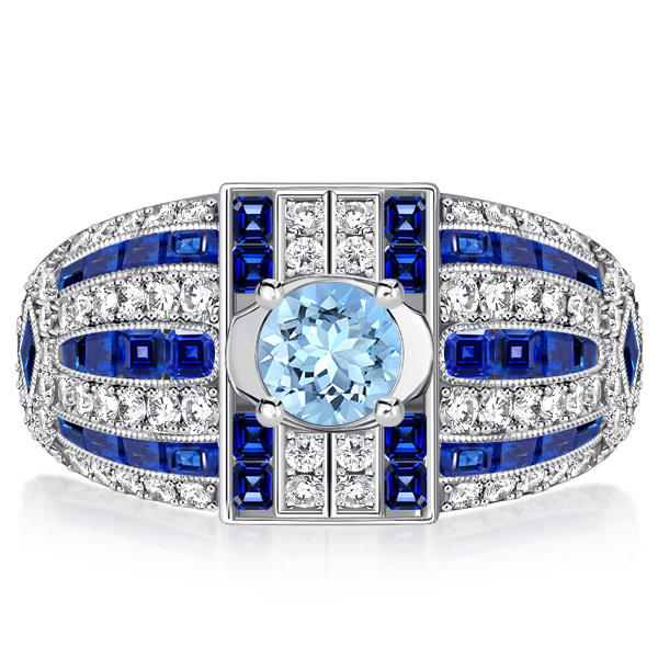 

Italo Round Cut Aquamarine Cocktail Ring Art Deco Rings, White
