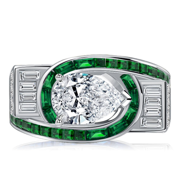 

Italo Art Deco Pear Shaped Emerald Green Wedding Rings, White