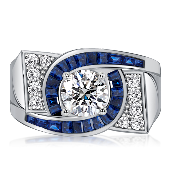 

Italo Art Deco Round Cut Blue Sapphire Engagement Ring For Women, White