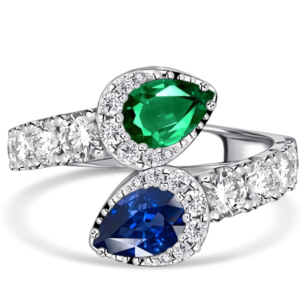 

Italo Pear Cut Teardrop Ring Emerald & Blue Sapphire Ring, White