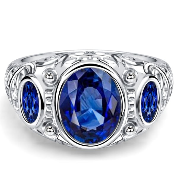 

Italo Three Stone Filigree Oval Cut Blue Sapphire Vintage Engagement Rings, White