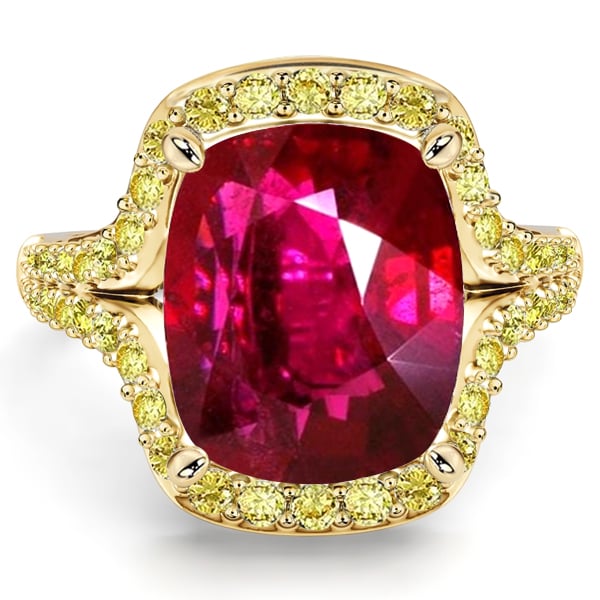 

Italo Elongated Split Shank Yellow Topaz Halo Cushion Cut Ruby Ring, White