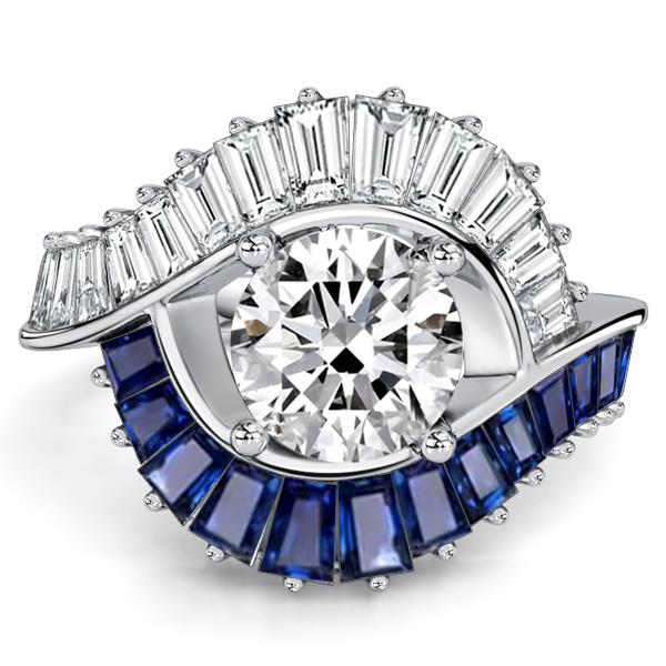 

Italo Baguette Halo White & Blue Sapphire Unique Engagement Ring For Women