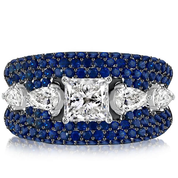 Italo Micro Pave Blue Sapphire Princess Cut Five Stone Unique Engagement Rings