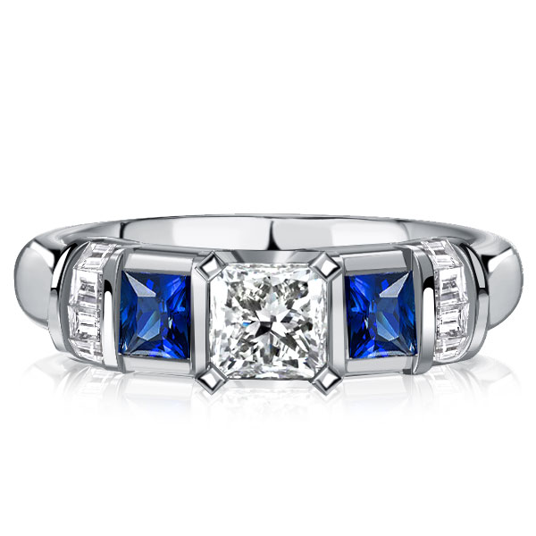Italo Princess Cut Blue Sapphire Three Stone Engagement Ring For Women