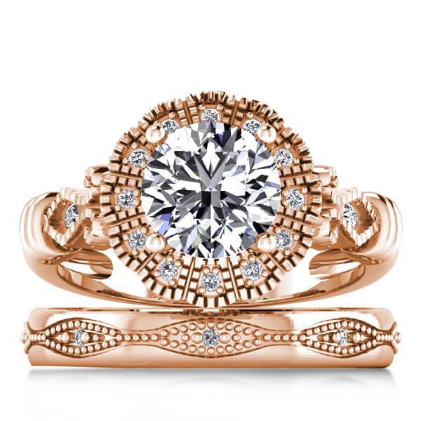 

Floral Design Rose Gold Halo Bridal Set, White