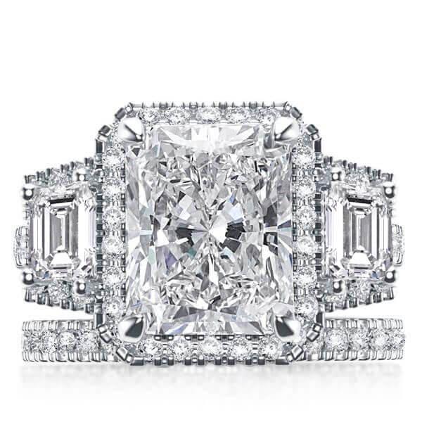 

Art Deco Three Stone Halo Bridal Set, White