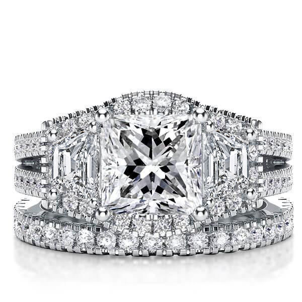 

Three Stone Halo Split Shank Princess Bridal Set, White
